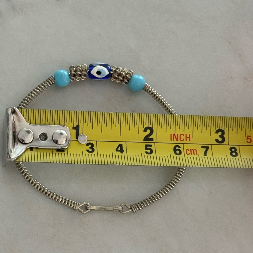Vintage Silver Coil Bracelet with Blue Evil Eye & Turquoise Beads - Picture 7 of 7